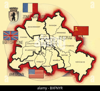 Cartographie, Allemagne, Berlin, zones occupées de l'allié, 1946, historique, historique, 20e siècle, 1940, 40s, carte, cartes de la ville, zone, alliés, secteurs, frontière, politique, 4, quatre, pouvoir, droits additionnels-Clearences-non disponible Banque D'Images