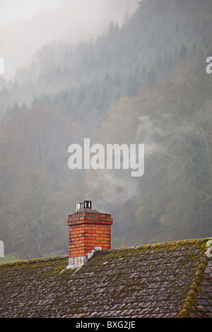 Cheminée en brique rouge sur le toit maison de village avec de la fumée et de la forêt derrière le pays de Galles UK Banque D'Images