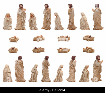 Crèche de Noël isolé sur statuettes représentant blanc Marie, Jésus et Joseph. Banque D'Images