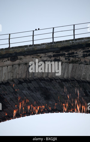 Les glaçons, allume en rouge par le soleil couchant, s'accrocher à partir de l'une des arches du viaduc de Victoria à Washington, England, UK Banque D'Images