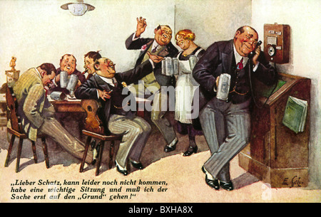 Gastronomie, hommes boivent de la bière au pub, assis sur une table, enfant, serveuse de blague, carte postale, vers 1910, droits supplémentaires-Clearences-non disponible Banque D'Images