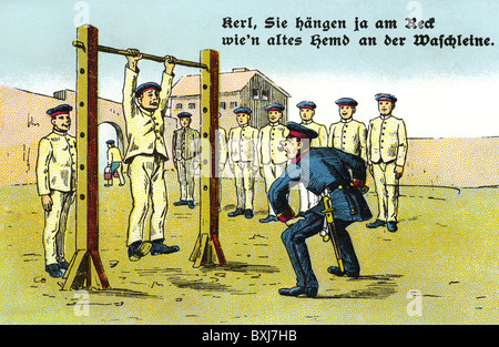 Militaire, soldats, forer sur le chantier de caserne, soldats allemands pendant la leçon physique, caricature, Allemagne, vers 1914, droits additionnels-Clearences-non disponible Banque D'Images