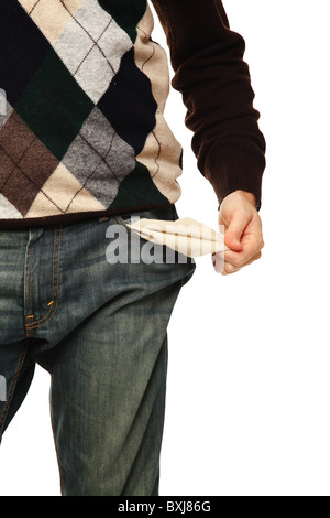 Man show sa poche vide isolated on white Banque D'Images