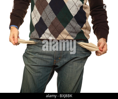 Man show sa poche vide isolated on white Banque D'Images