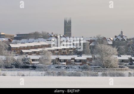 Le centre-ville de Warwick en hiver avec de la neige Banque D'Images