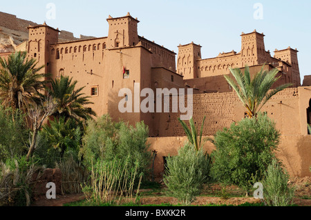 Vue de la Kasbah Ait Benhaddou, avec les palmiers Banque D'Images