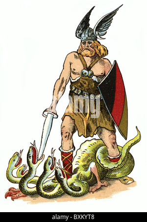 Siegfried, figure allemande légendaire, pleine longueur, tuant des dragons, lithographie, Allemagne, vers 1900, Banque D'Images