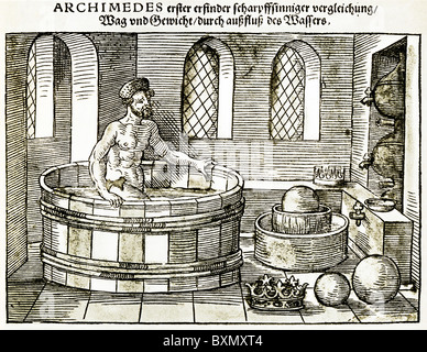 Archimède, Eureka, dans son bain comme il travaille sur la théorie du déplacement dans ce 16e siècle gravure allemande Banque D'Images