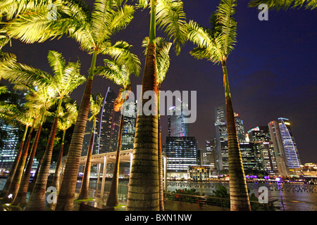 Singapour Marina Bay et les toits du quartier financier de nuit Banque D'Images
