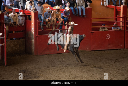 Un Mexicain Charro monte un taureau à une charrería la concurrence dans la ville de Mexico. Banque D'Images