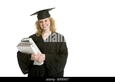 Les jeunes diplômes smiling girl holding books avec fond blanc Banque D'Images