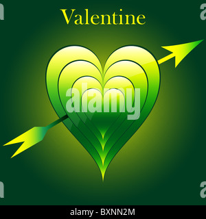 Amour saint valentin coeur en vert et jaune avec la flèche. Motif de fond lumineux et subtil. Banque D'Images