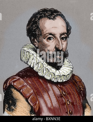 CERVANTES, Miguel de (1547-1616). L'espagnol, romancier, poète et dramaturge. Gravure en couleur. Banque D'Images