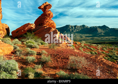 De nombreux types de formations de grès dont cet équilibre rock sont trouvés dans la Vallée de Feu du Nevada State Park. Banque D'Images