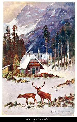 Vintage carte postale avec la peinture à l'huile de cerfs dans les montagnes Banque D'Images