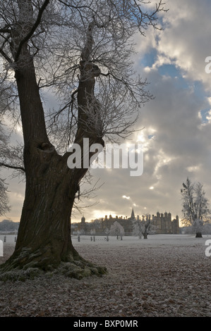 Le gel au sol couvrant le parc Burghley low winter sun ne traversent le ciel nuageux. Banque D'Images