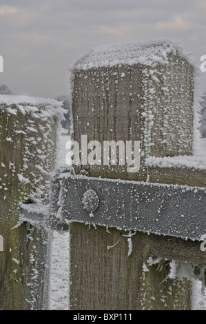 Poignées de glace hiver une barrière dans la campagne du Lincolnshire Banque D'Images