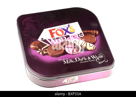 Jolie boîte de merveilleuses merveilles Foxs lait noir et blanc biscuits au chocolat Banque D'Images