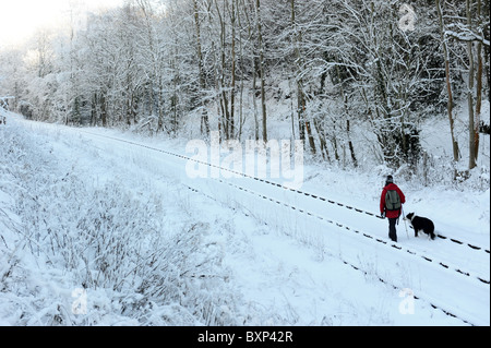 Walker avec chien en fer couvertes de neige Shropshire Uk Banque D'Images