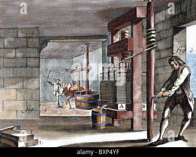 Atelier dédié à la fabrication de carton. Et en appuyant sur la pâte. 18e siècle. Banque D'Images