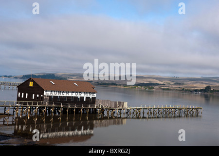 Boat House et pier à lancer pour la publicité de voitures le long du rivage de Tomales Bay, près de Point Reyes National Seashore Banque D'Images