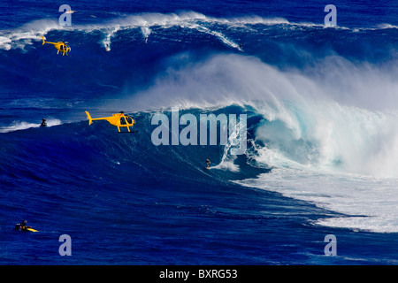 Des vagues gigantesques à Maui avec hélicoptères jaunes à Peahi, également connu sous le nom de 'Jaws'. Célèbre tow-in spot de surf à Hawaï Banque D'Images