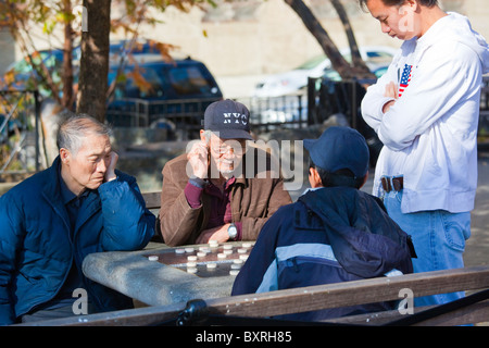 Les Américains chinois jouant Xiang qi, ou échecs chinois dans Columbus Park, Chinatown, New York City Banque D'Images