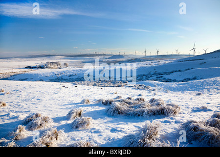 Eaglesham Moor en hiver avec Whitelee turbines éoliennes à l'horizon, près de Glasgow, Écosse Banque D'Images