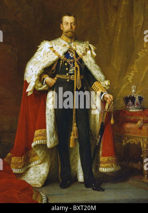 Le roi George V (1865-1936), monarque britannique dans ses robes de couronnement peint par sir Luke Fildes en 1911 Banque D'Images