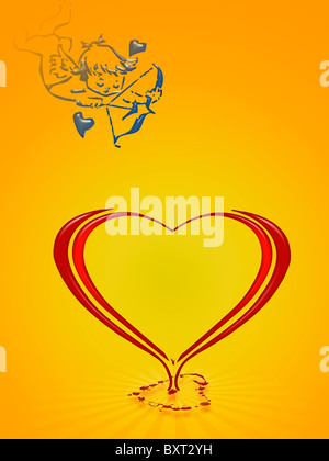 Cupidon tirant des flèches pour le coeur le Jour de Valentines. Illustration avec un fond orange jaune Banque D'Images