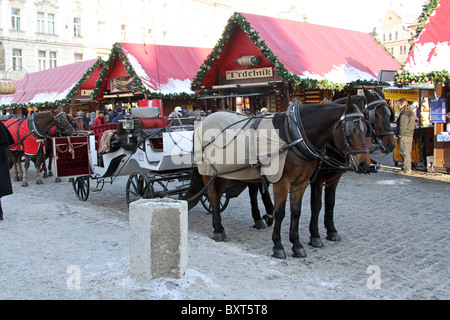 Marché de Noel avec les chevaux dans la place de la Vieille Ville à Prague, République Tchèque Banque D'Images