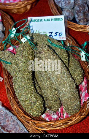 Herb suisse affichage saucisse salami farmers market stall Martigny Suisse Banque D'Images