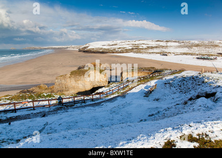 Broad Oak beach et l'autre ; dans la neige ; Cornwall Banque D'Images