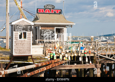 Accrocher les bouées de homard sur main courante en face de Jake's Water Taxi et Bait shop sur le quai de la ville de Plymouth au Massachusetts Banque D'Images