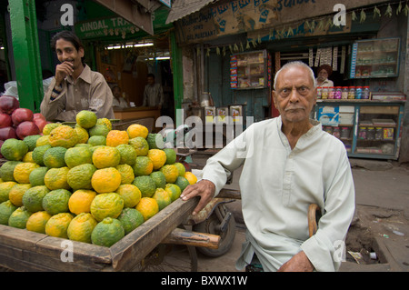 Vente étal de fruits oranges sur une rue près de Khari Baoli Road, (marché aux épices Bazar de Chandni Chowk), Old Delhi, Inde Banque D'Images