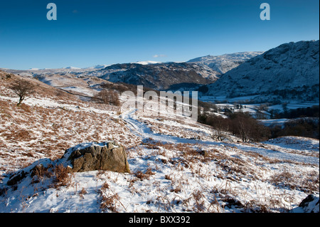 Regardant vers le bas au-dessus de la vallée de Borrowdale Seatoller de peu d'Gatesgarthdale dans Lake District Banque D'Images