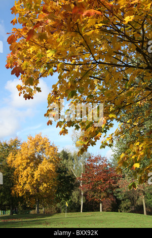 Walton Hall and Gardens. Vue automnale de Walton Hall et parcours de golf et les jardins. Banque D'Images