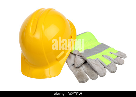 Construction Casque et des gants de travail sur fond blanc Banque D'Images