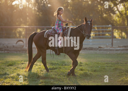 Girl riding horse en paddock Banque D'Images