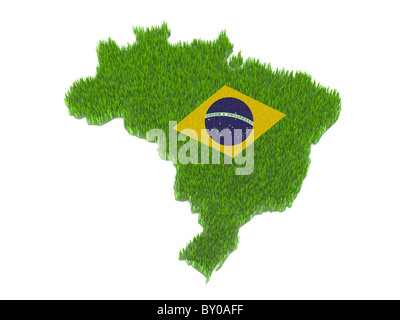 Brasil vert carte de la nation et d'un drapeau avec l'herbe 3d illustration Banque D'Images