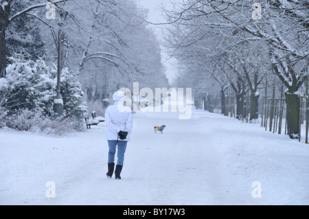 Femme promener son chien dans un parc winterly Banque D'Images