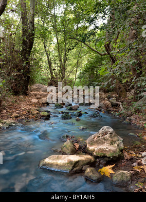 Flux avec des roches dans le motion blur à Kziv river en Galilée dans le nord d'Israël Banque D'Images