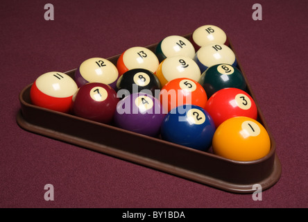 boules de billard empilées en triangle sur une table de billard Banque D'Images