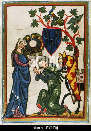 Der Schenk von Limburg, souabe ministérielle (milieu 13e siècle) dit au revoir à sa femme avant de partir. Le Codex Manesse. Banque D'Images