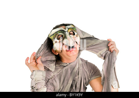 L'acteur masqué dans un théâtre physique sur fond blanc Banque D'Images