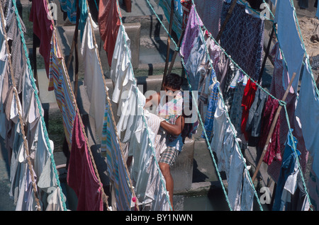 Blanchisseurs à Dhobi Ghats à Bombay (Mumbai), Maharashtra, Inde Banque D'Images