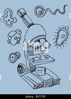 Une esquisse dessinée à la main d'un microscope. Banque D'Images