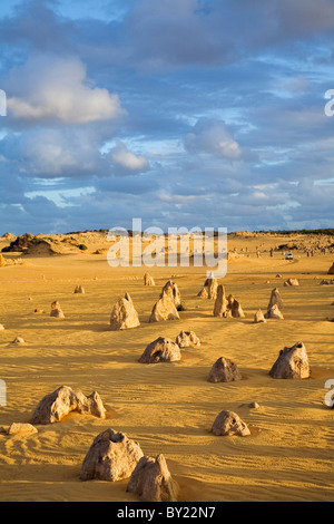 L'Australie, Australie occidentale, Cervantes, le Parc National de Nambung. Coucher du soleil dans le Désert des Pinnacles. Banque D'Images