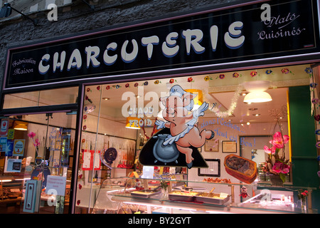 Les bouchers dans la rue Thouret à Rouen, Normandie, France Banque D'Images