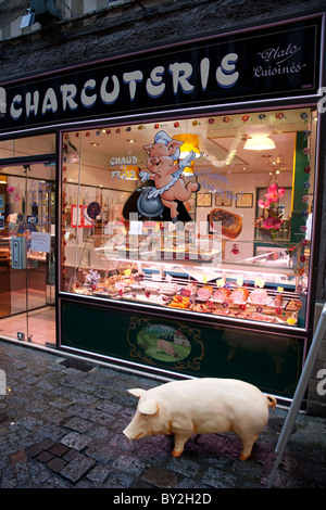 Les bouchers dans la rue Thouret à Rouen, France Banque D'Images